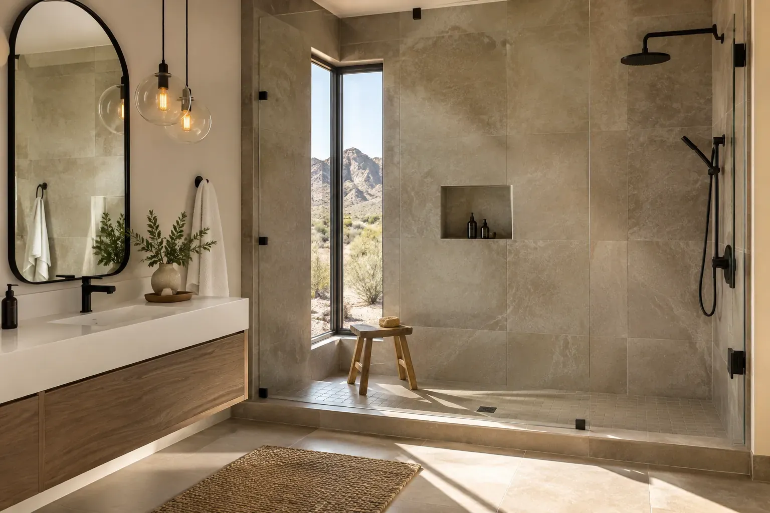 Remodeled bathroom with walk-in tile shower and earth-tone finishes in Arizona