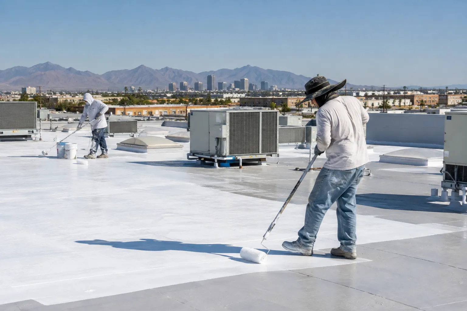 Workers applying reflective elastomeric coating to a flat commercial roof in Arizona