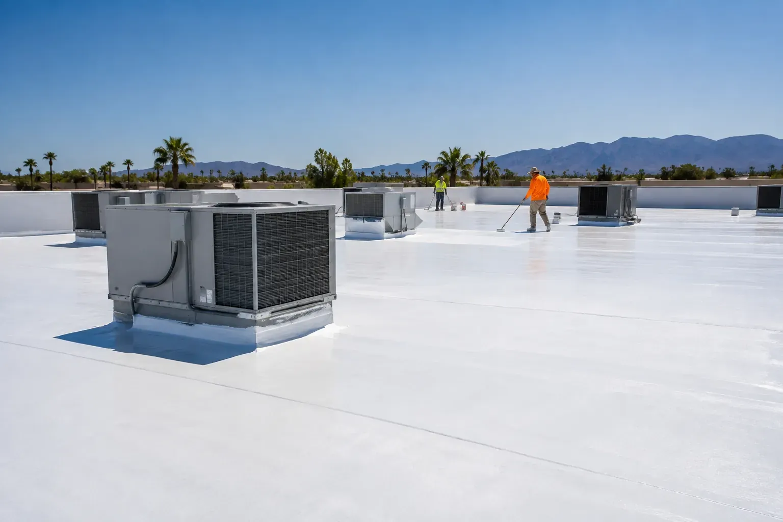Flat commercial roof with white reflective coating and HVAC units in Phoenix, Arizona