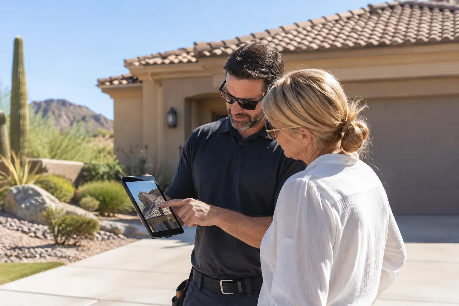 Contractor reviewing a roof inspection report and written estimate with a homeowner