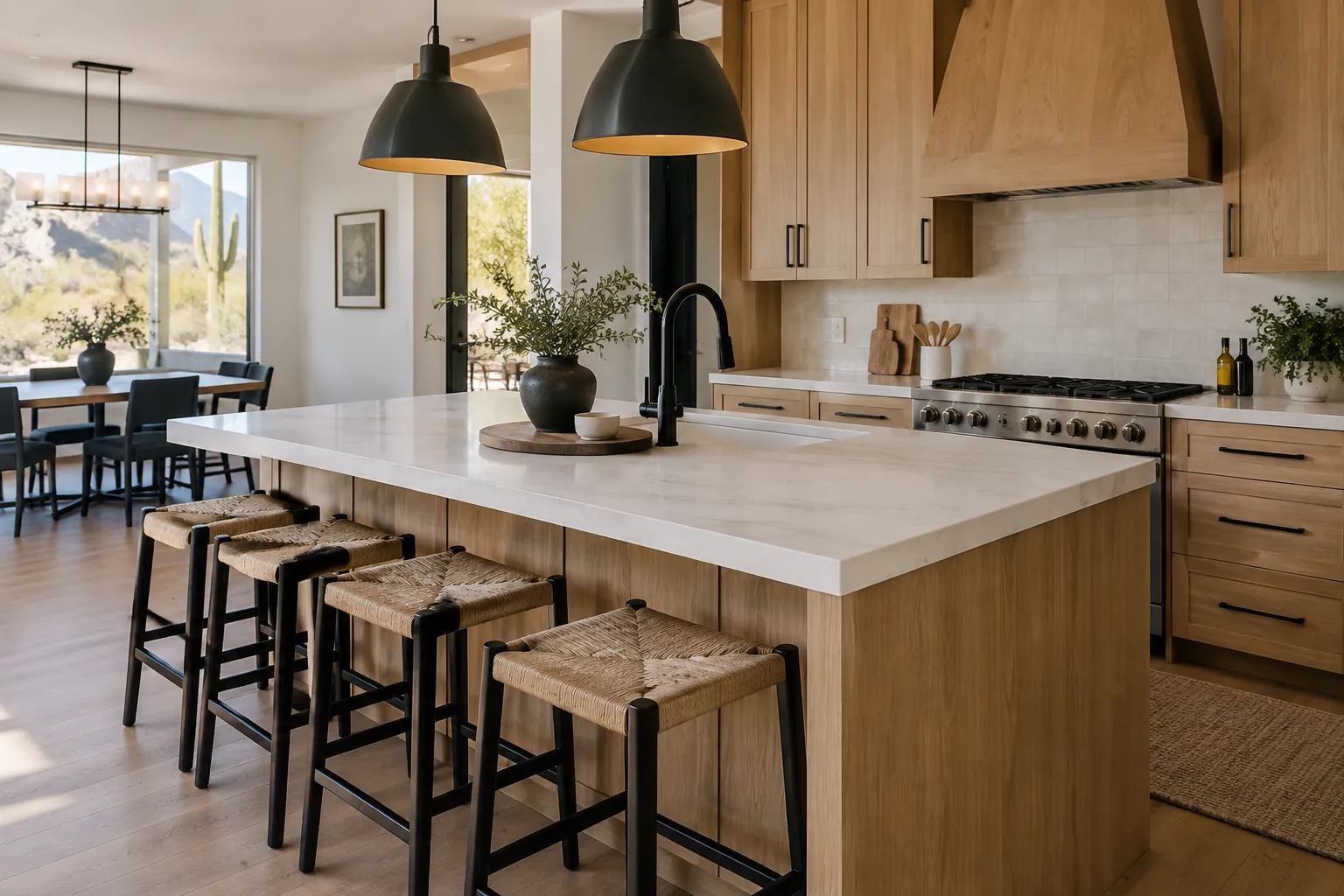 Remodeled kitchen island with oak cabinetry, quartz top and pendant lighting