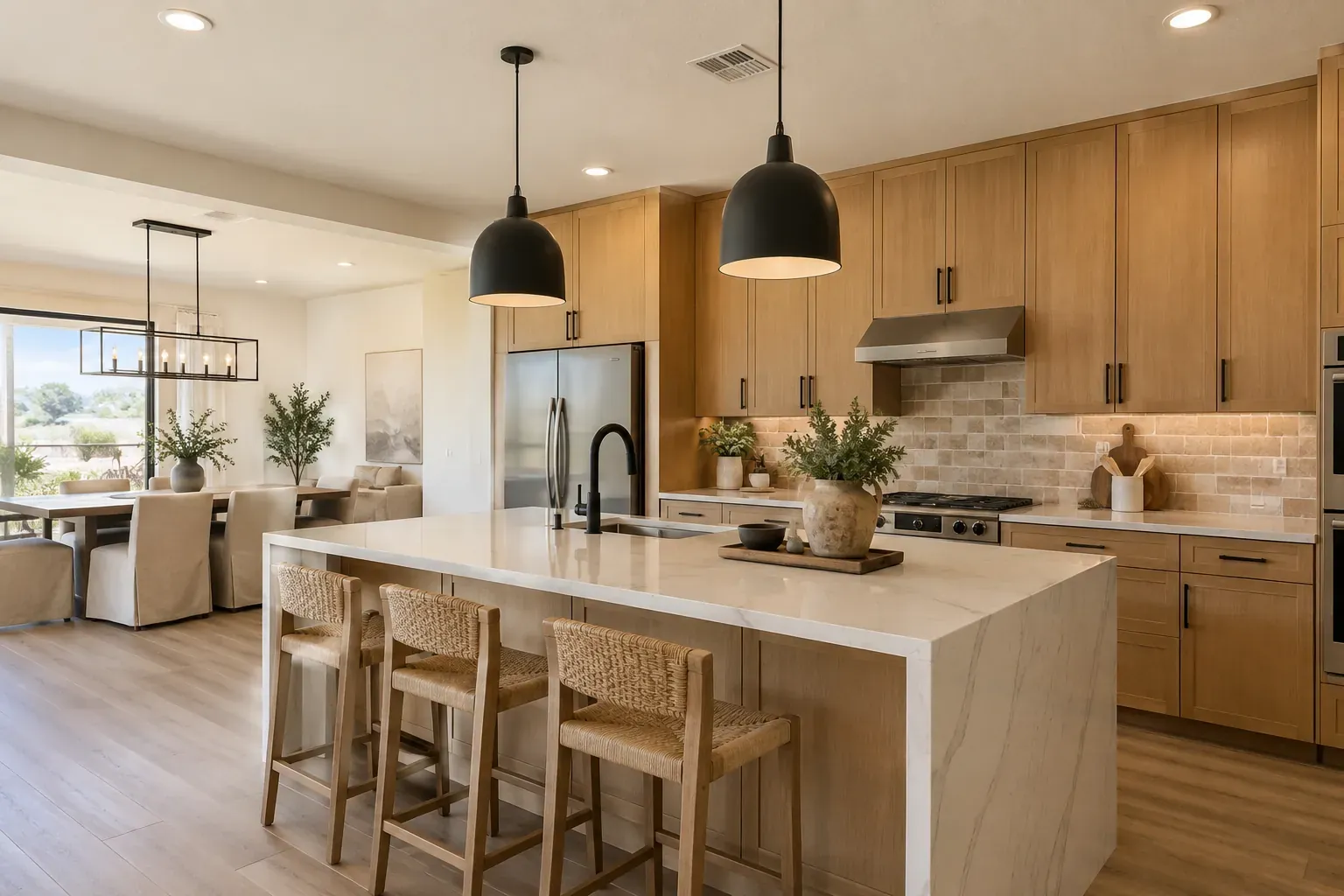 Remodeled kitchen with warm wood cabinetry and quartz countertops in Arizona