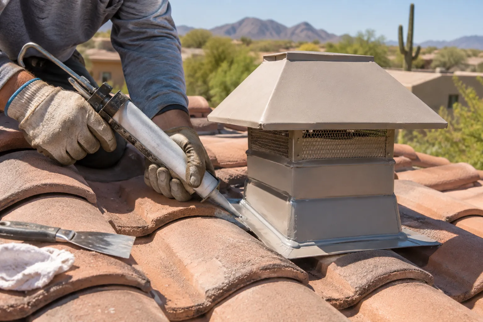 Close-up of a roofer sealing metal flashing around a roof vent