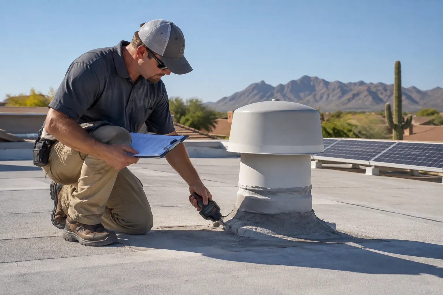 Roof inspector examining tile and flashing during a roof inspection in Arizona