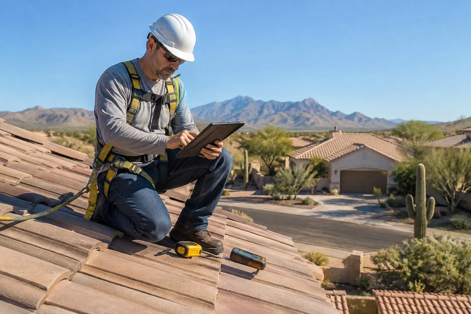Roof inspector recording findings on a tablet while kneeling on a tile roof