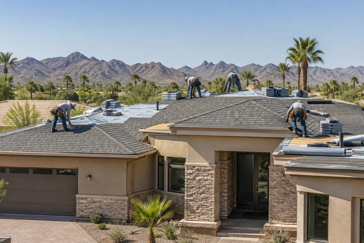 Roofing crew installing new architectural shingles during a roof replacement in Arizona