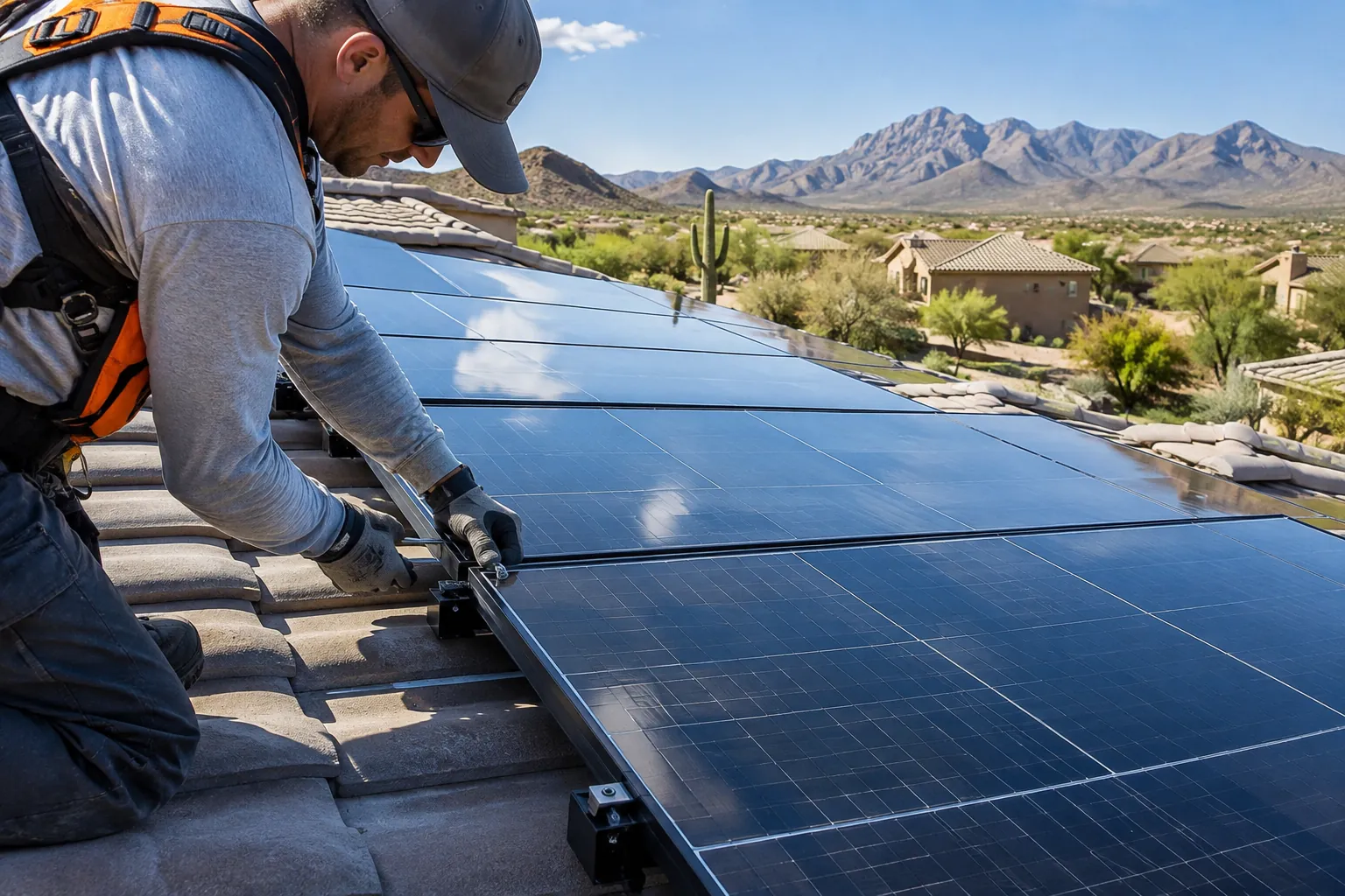Installer mounting solar panels onto the tile roof of an Arizona home
