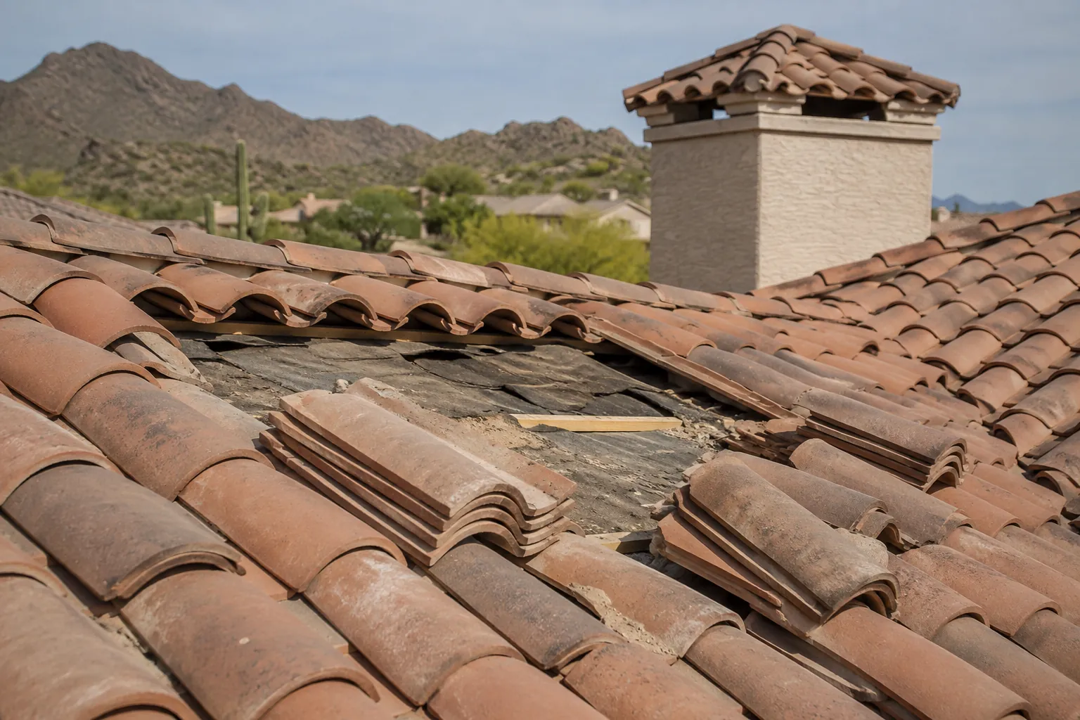 Barrel roof tiles removed to expose underlayment during tile roof repair in Arizona
