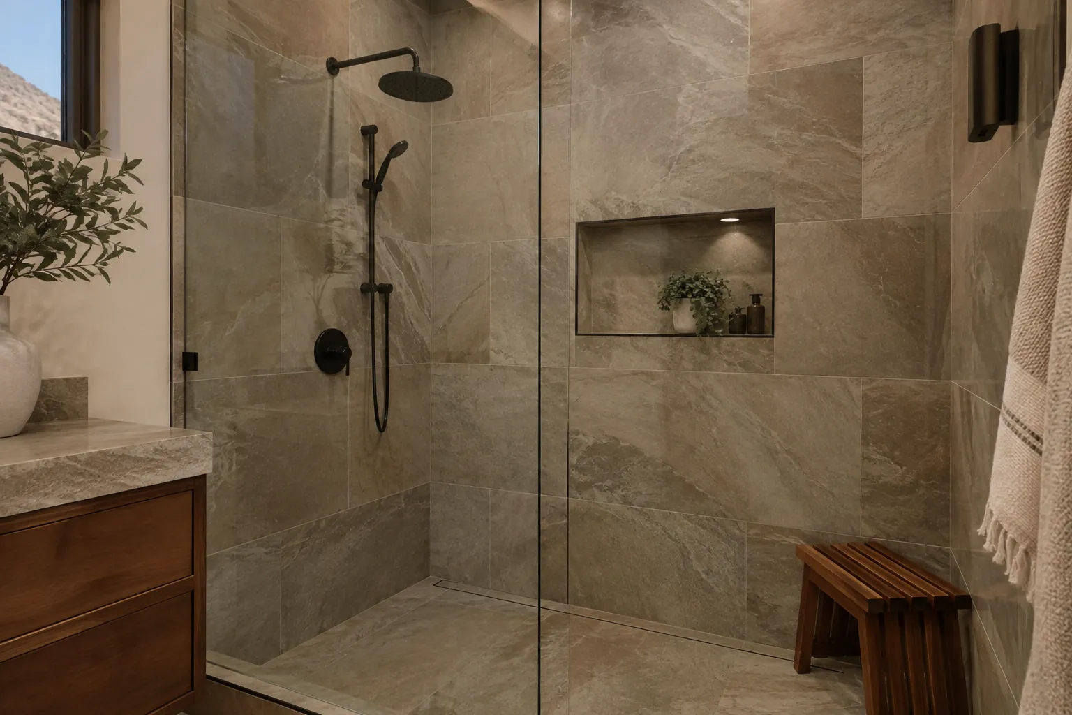 Detail of a new walk-in shower with stone-look tile and matte black fixtures